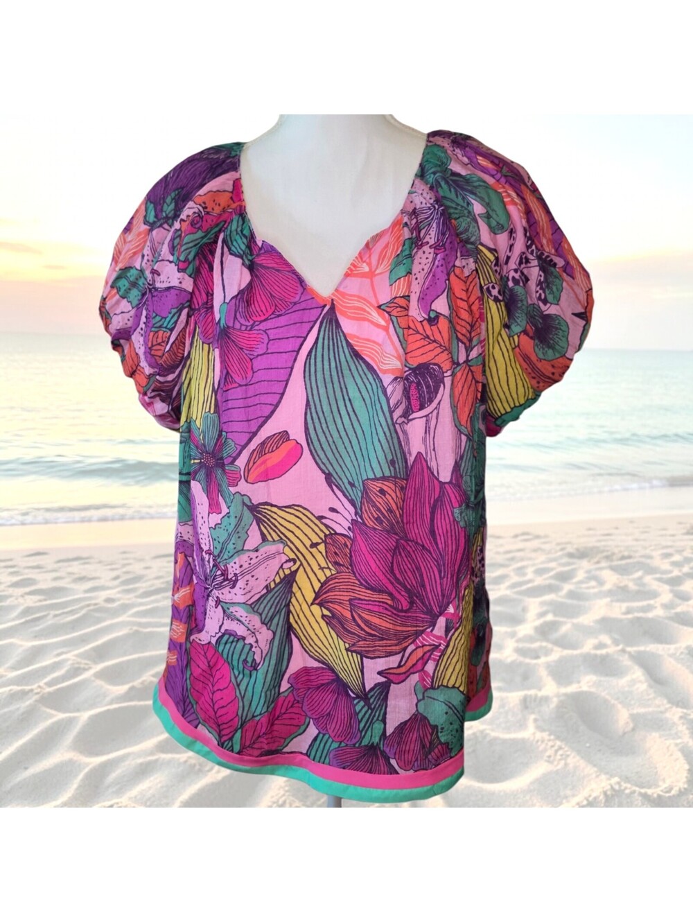 Umgee Large Womens Blouse Floral Pink Multicolor Puff Sleeve V Neck Boho Coastal